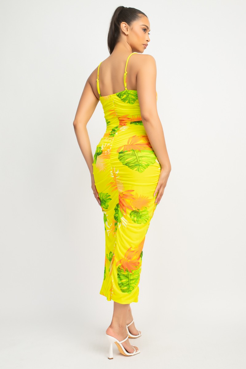 Kailani Tropical Print Ruched Mesh Midi Dress