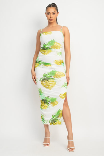 Kailani Tropical Print Ruched Mesh Midi Dress