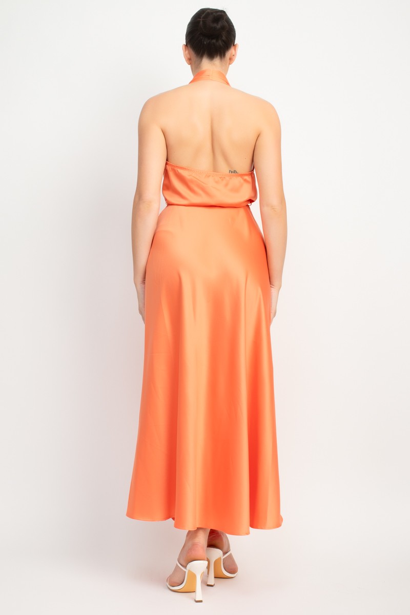 Marilyn Halter Neck Belted Satin Maxi Dress