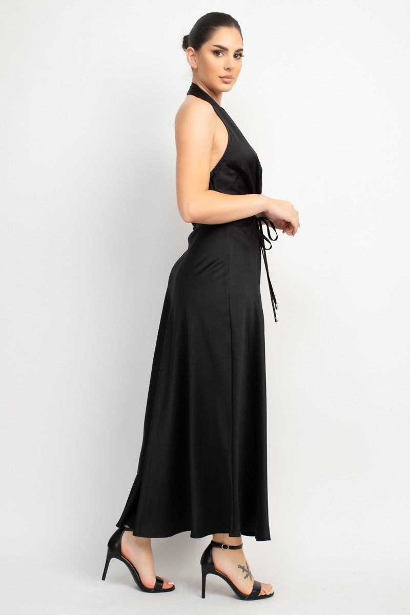 Marilyn Halter Neck Belted Satin Maxi Dress