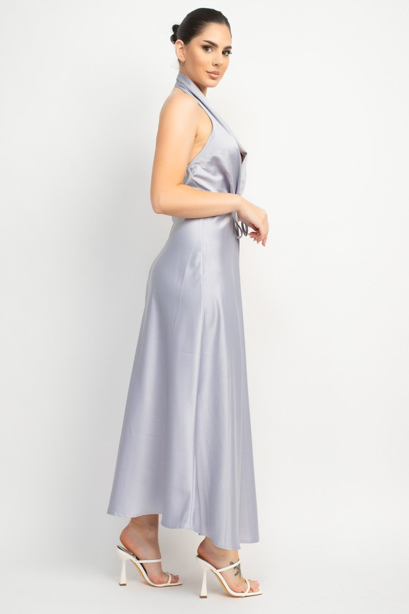 Marilyn Halter Neck Belted Satin Maxi Dress