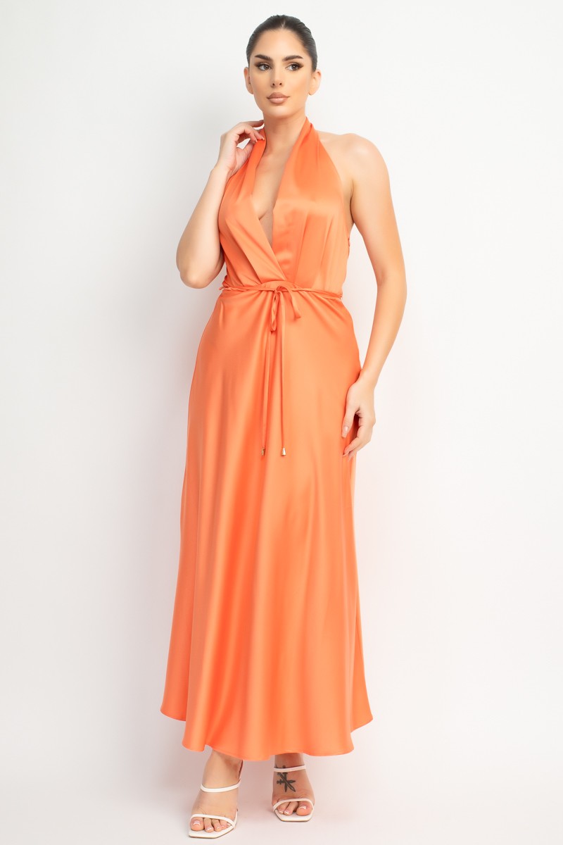 Marilyn Halter Neck Belted Satin Maxi Dress