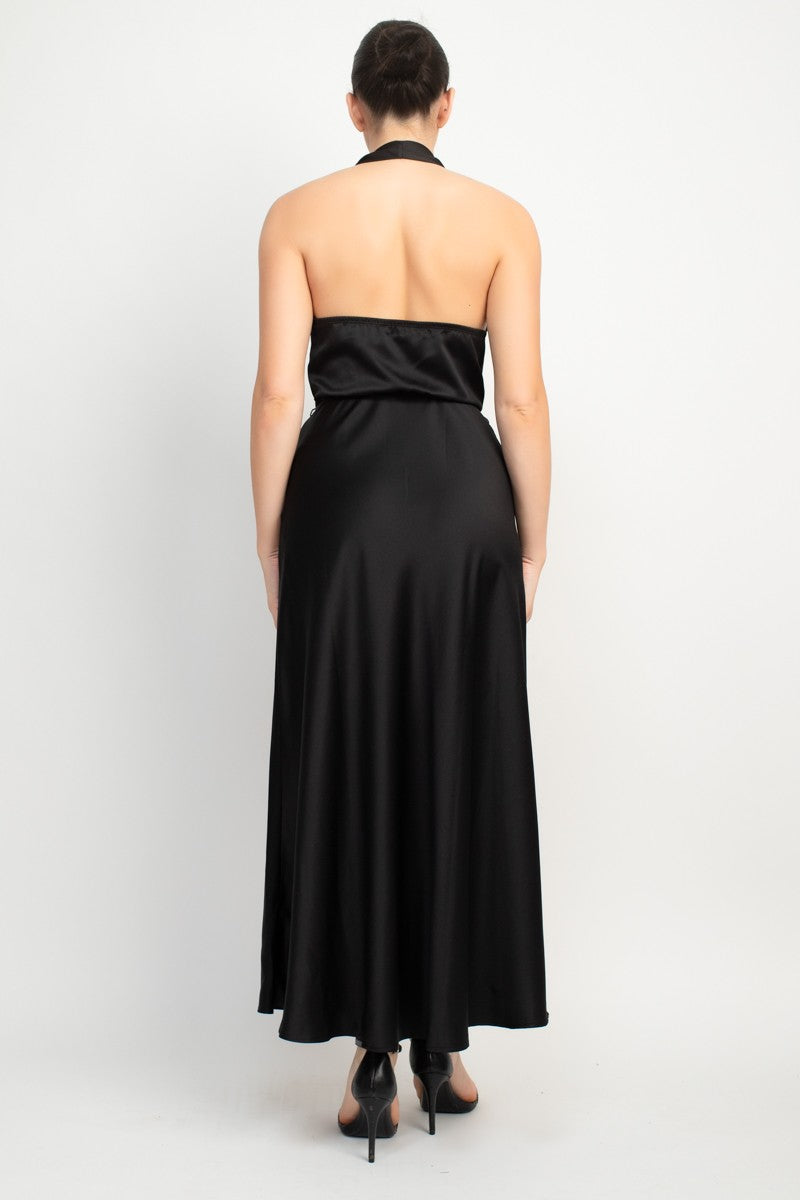 Marilyn Halter Neck Belted Satin Maxi Dress