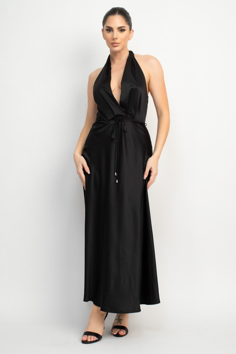 Marilyn Halter Neck Belted Satin Maxi Dress
