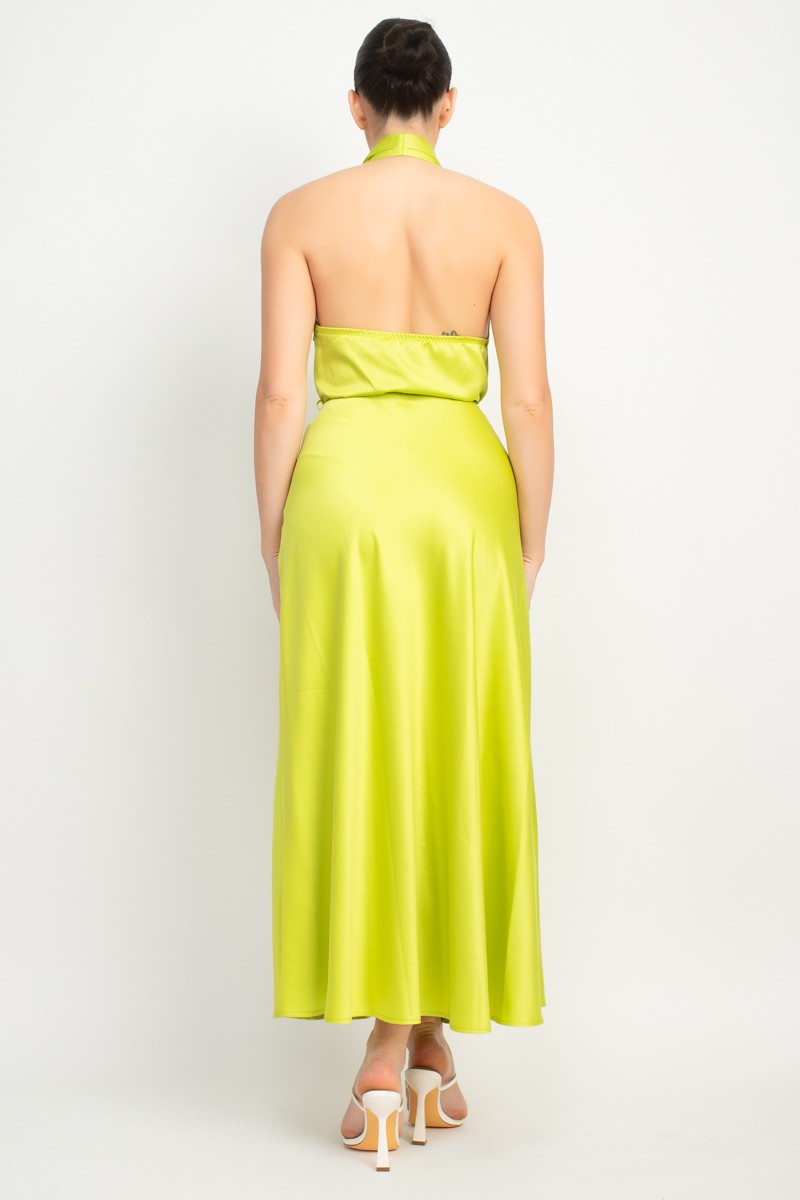 Marilyn Halter Neck Belted Satin Maxi Dress