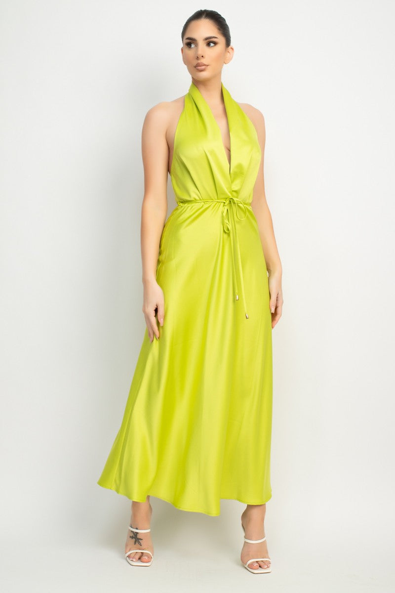 Marilyn Halter Neck Belted Satin Maxi Dress