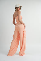 Alice Cinched Waist Strapless Tube Cargo Jumpsuit
