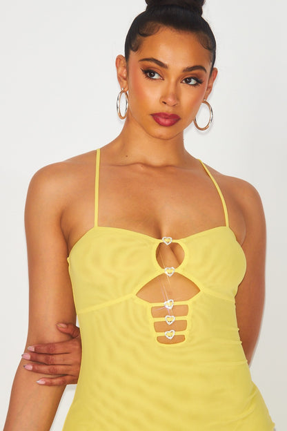 Malibu Rhinestones Cut Out Front Mesh Mini Dress