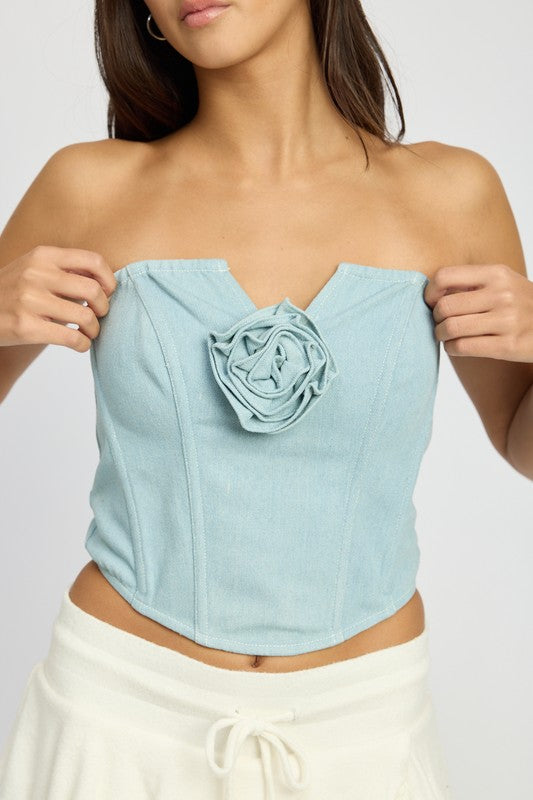 Valentina Rosette Decor Denim Corset Top