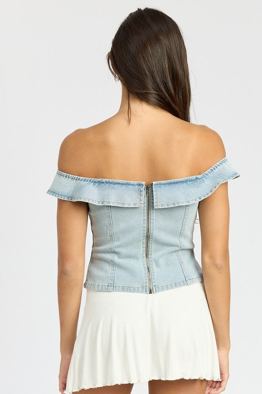 Kerinha Off Shoulder Ruffle Hem Denim Bustier Top