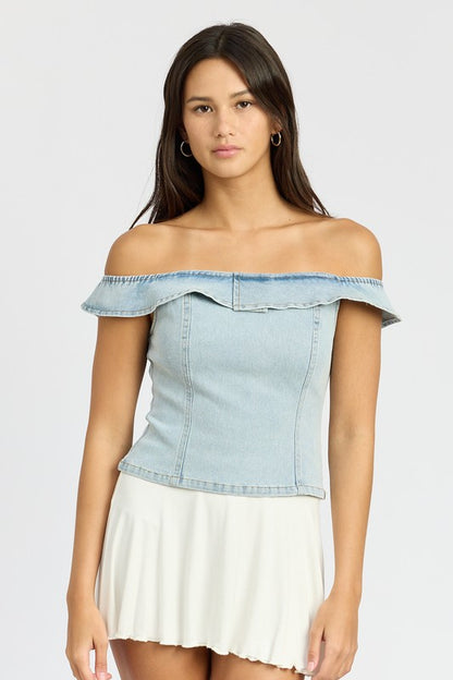 Kerinha Off Shoulder Ruffle Hem Denim Bustier Top
