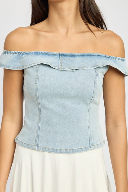Kerinha Off Shoulder Ruffle Hem Denim Bustier Top