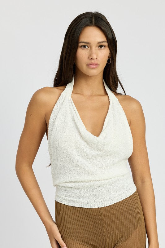 Kadiya Textured Knit Open Back Cowl Neck Halter Top