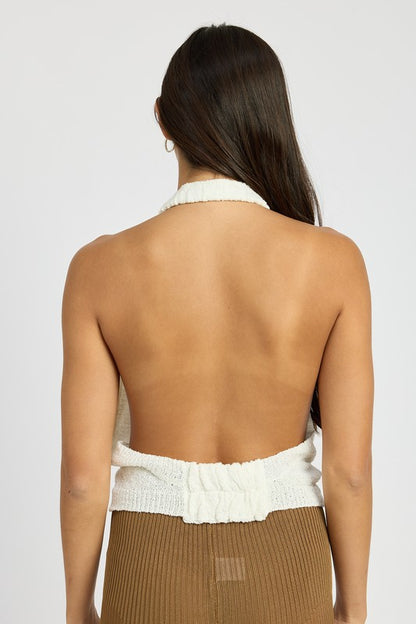 Kadiya Textured Knit Open Back Cowl Neck Halter Top