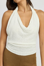 Kadiya Textured Knit Open Back Cowl Neck Halter Top