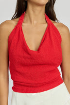 Kadiya Textured Knit Open Back Cowl Neck Halter Top
