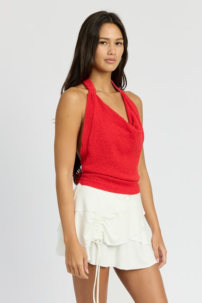Kadiya Textured Knit Open Back Cowl Neck Halter Top