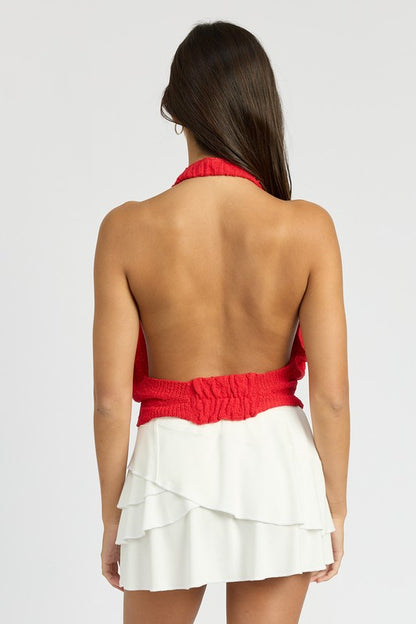 Kadiya Textured Knit Open Back Cowl Neck Halter Top