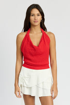Kadiya Textured Knit Open Back Cowl Neck Halter Top
