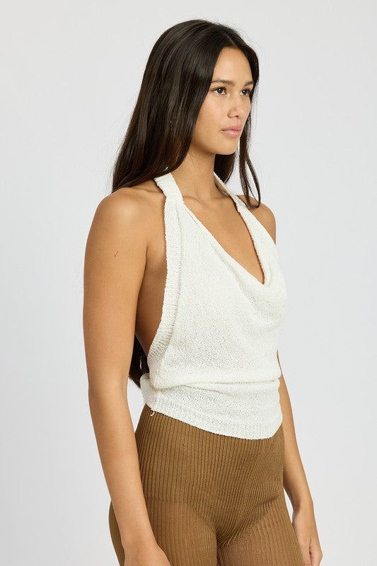 Kadiya Textured Knit Open Back Cowl Neck Halter Top