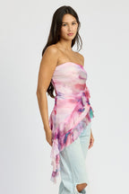 Remi Asymmetrical Ruffle Hem Strapless Tube Mesh Top
