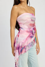 Remi Asymmetrical Ruffle Hem Strapless Tube Mesh Top