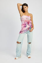 Remi Asymmetrical Ruffle Hem Strapless Tube Mesh Top