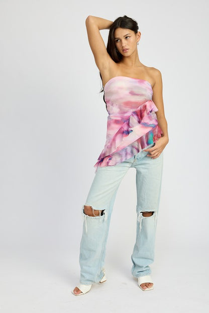 Remi Asymmetrical Ruffle Hem Strapless Tube Mesh Top