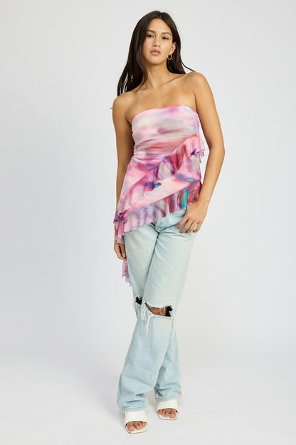Remi Asymmetrical Ruffle Hem Strapless Tube Mesh Top