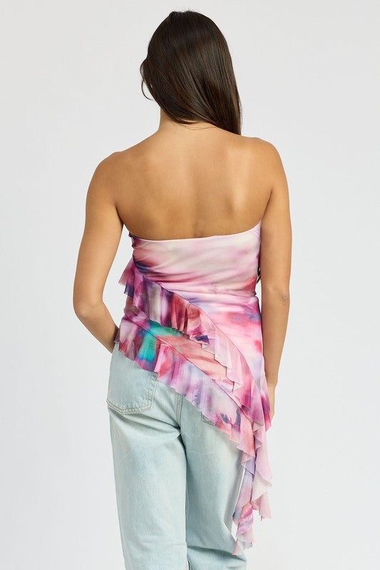 Remi Asymmetrical Ruffle Hem Strapless Tube Mesh Top