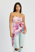 Remi Asymmetrical Ruffle Hem Strapless Tube Mesh Top