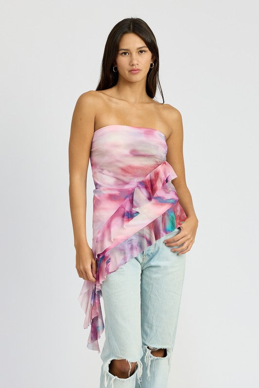 Remi Asymmetrical Ruffle Hem Strapless Tube Mesh Top
