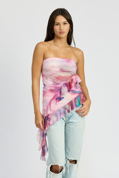 Remi Asymmetrical Ruffle Hem Strapless Tube Mesh Top