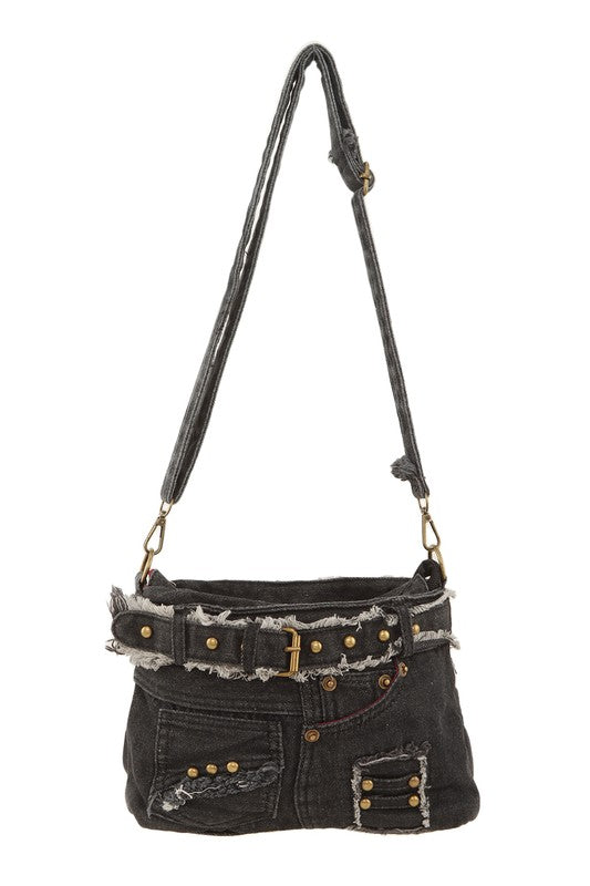 Queens Distressed Denim Crossbody Bag