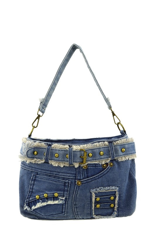 Queens Distressed Denim Crossbody Bag