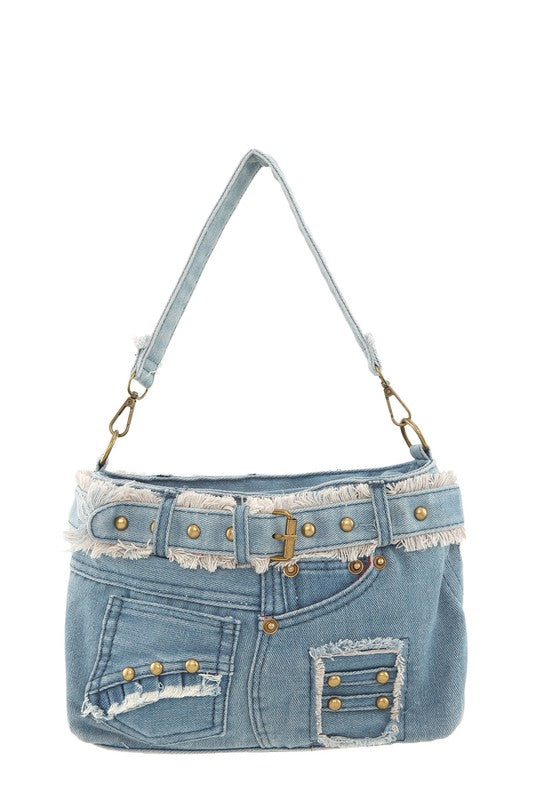 Queens Distressed Denim Crossbody Bag