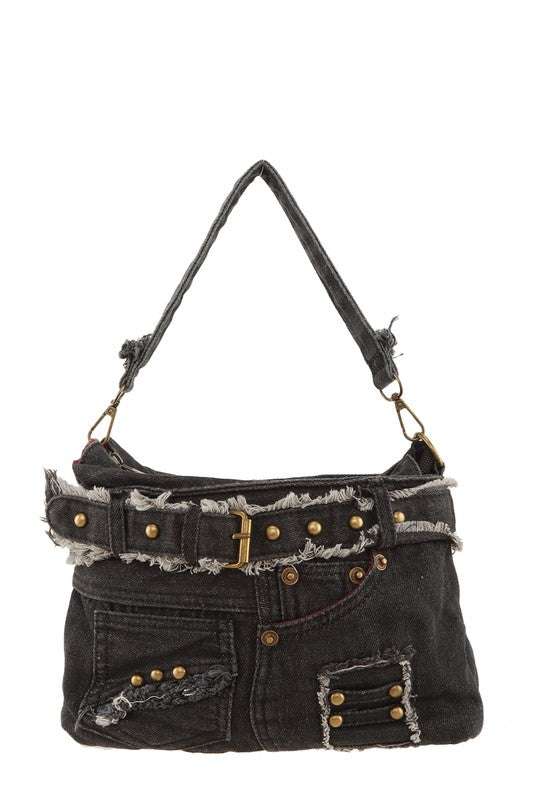 Queens Distressed Denim Crossbody Bag