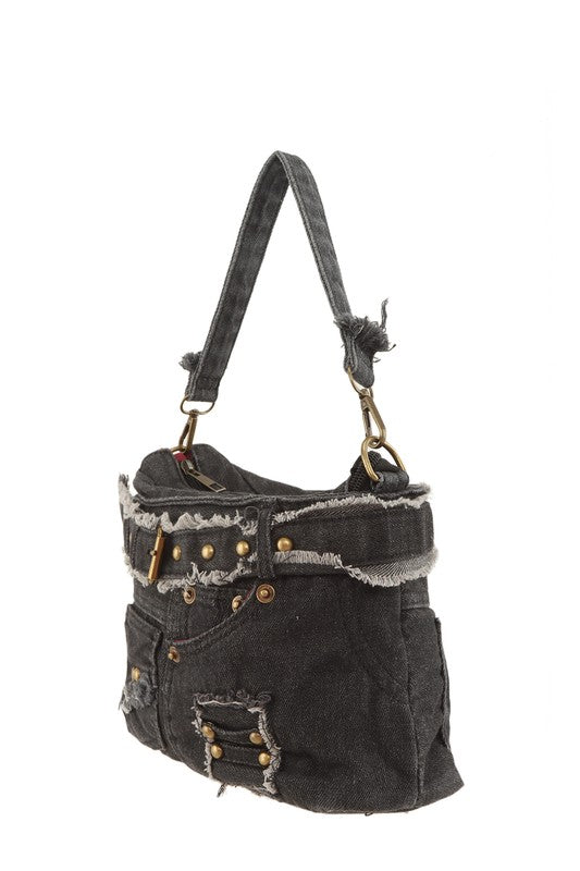 Queens Distressed Denim Crossbody Bag