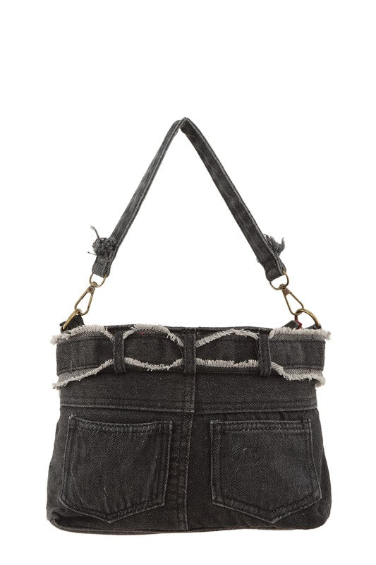 Queens Distressed Denim Crossbody Bag