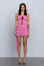 Beatrice Mini Bow Ruched Mesh Tube Top & Skirt Set