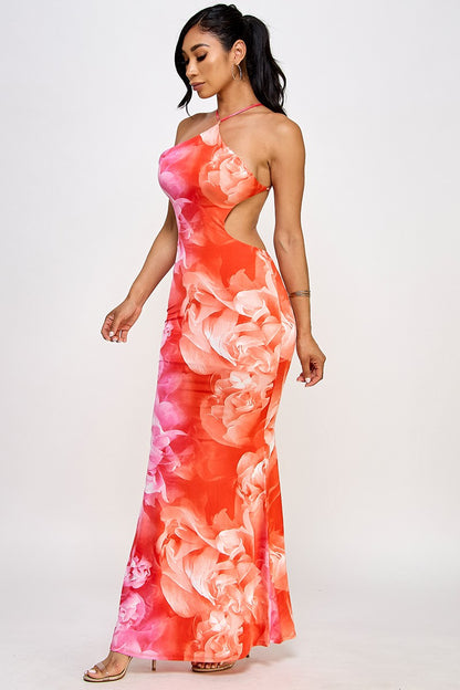 Mya Flower Print Halter Neck Open Back Mesh Maxi Dress