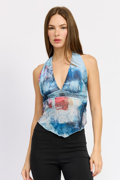 Christina Handkerchief Hem Deep V Neckline Mesh Halter Top