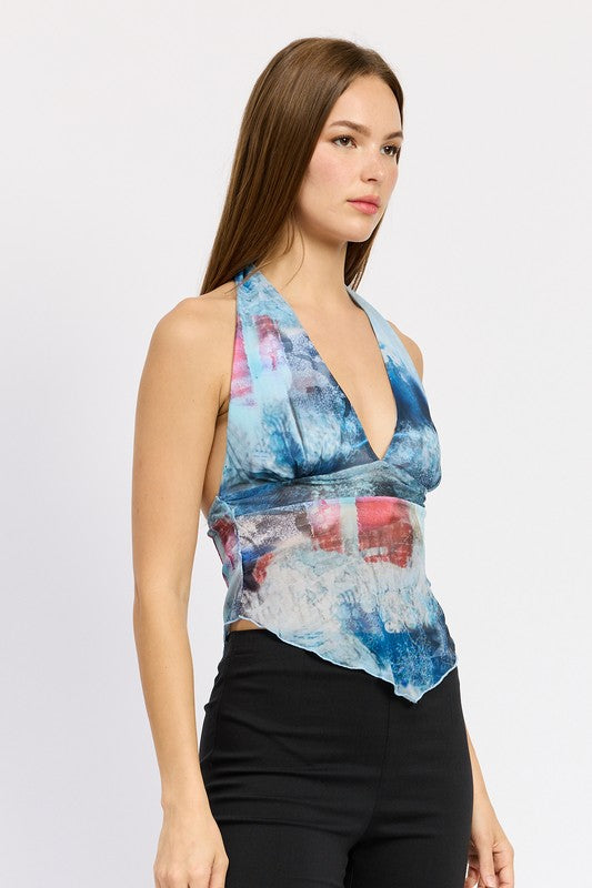Christina Handkerchief Hem Deep V Neckline Mesh Halter Top
