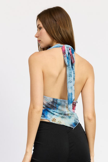 Christina Handkerchief Hem Deep V Neckline Mesh Halter Top
