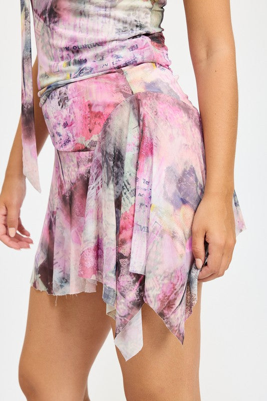 Verona Flower Print Mesh Asymmetric Hem Mini Skirt