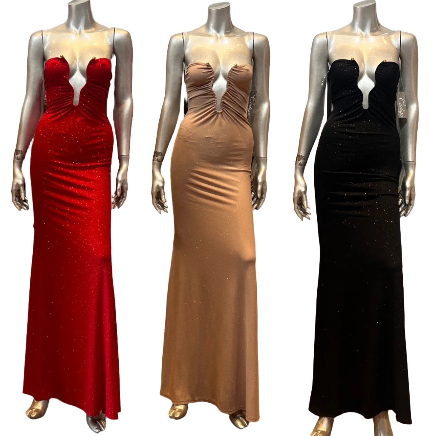 Sierra Deep V Glitter Knit Strapless Maxi Dress