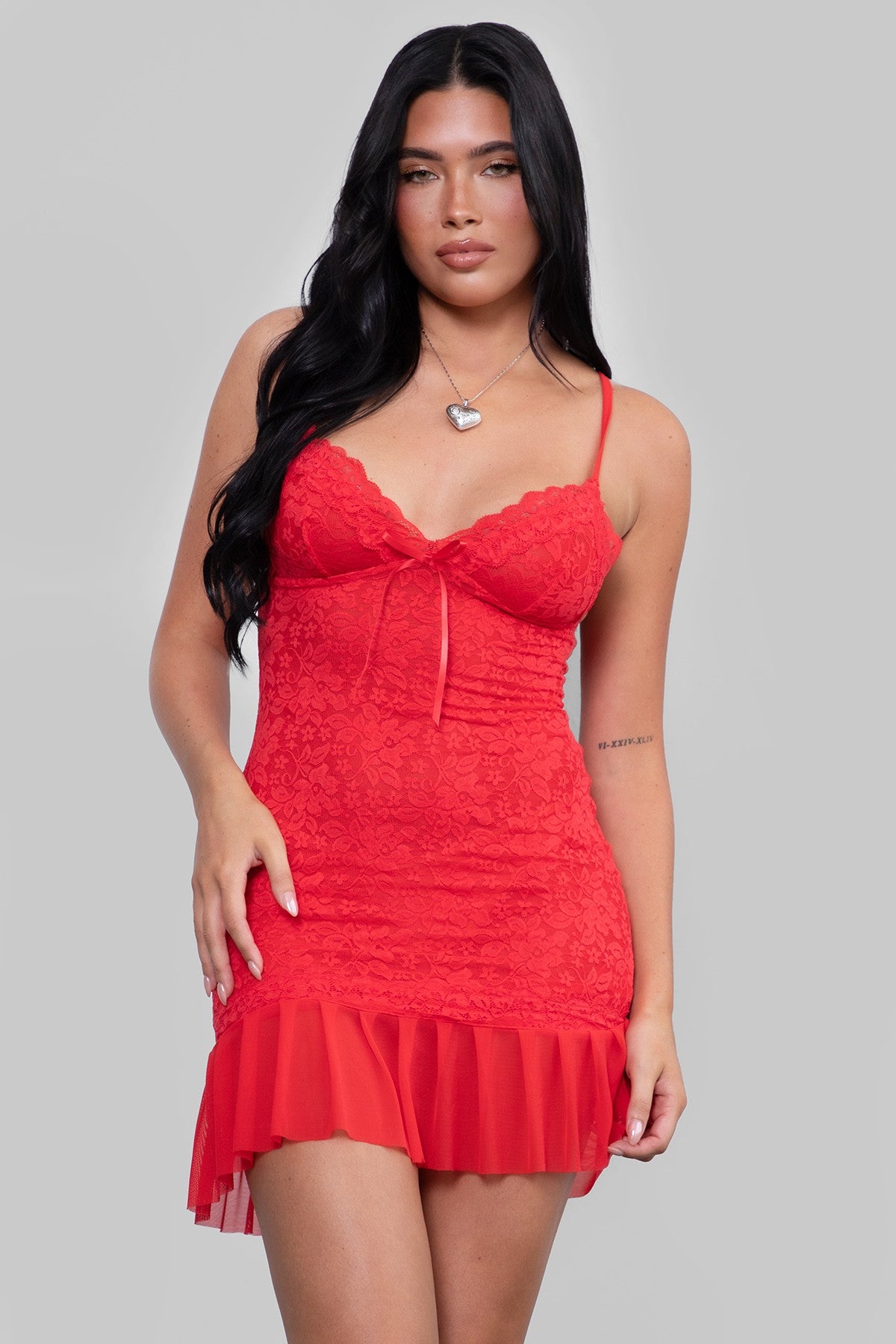 Cindee Mini Bow Ruffle Hem Lace Mini Dress
