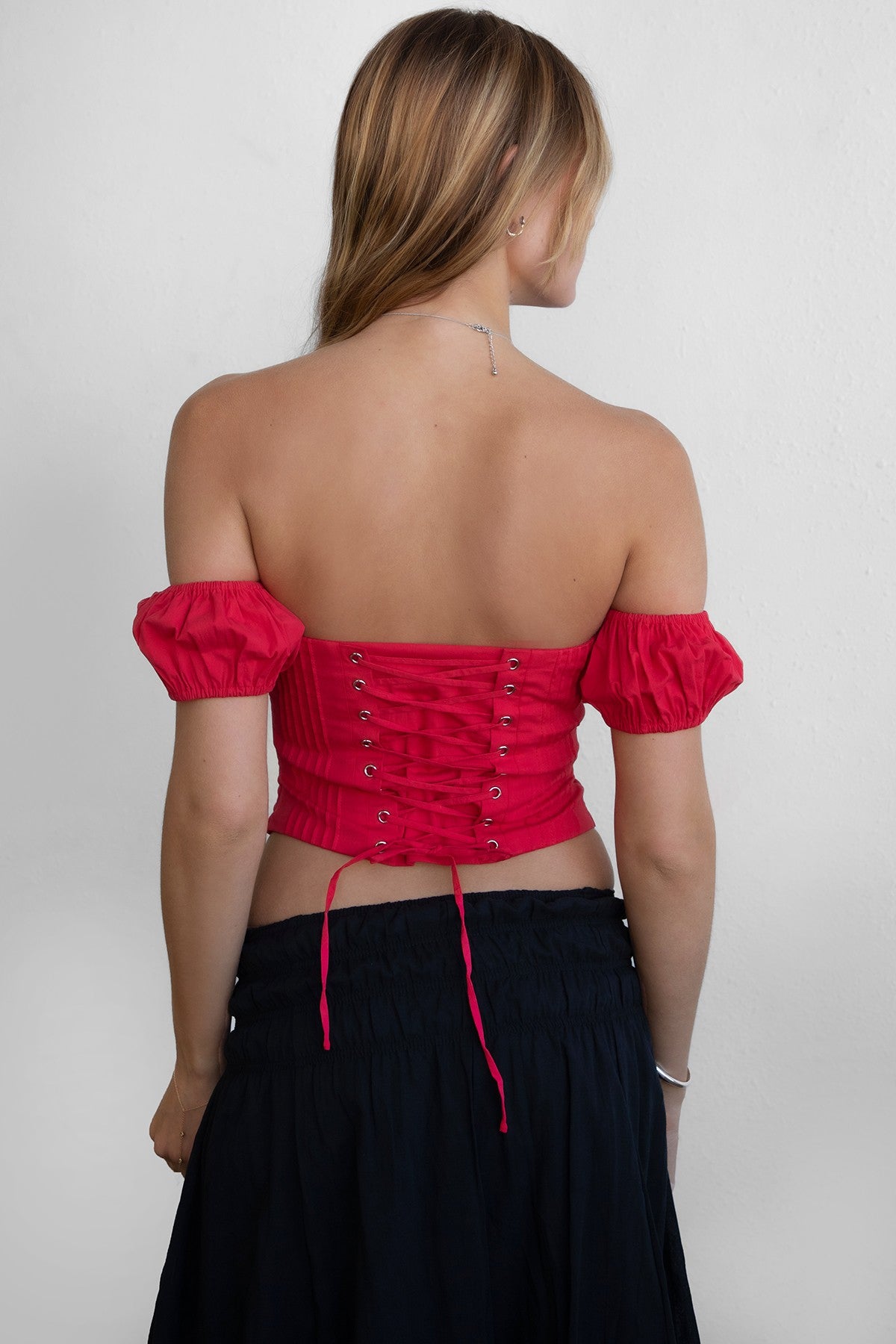 Adelie Off The Shoulder Short Sleeve Lace Back Poplin Top