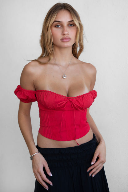 Adelie Off The Shoulder Short Sleeve Lace Back Poplin Top