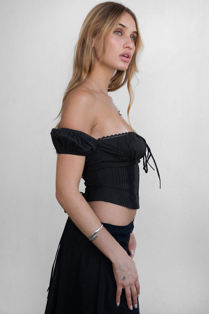 Adelie Off The Shoulder Short Sleeve Lace Back Poplin Top
